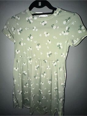Girls' Sage Green Floral Short-Sleeve Dress